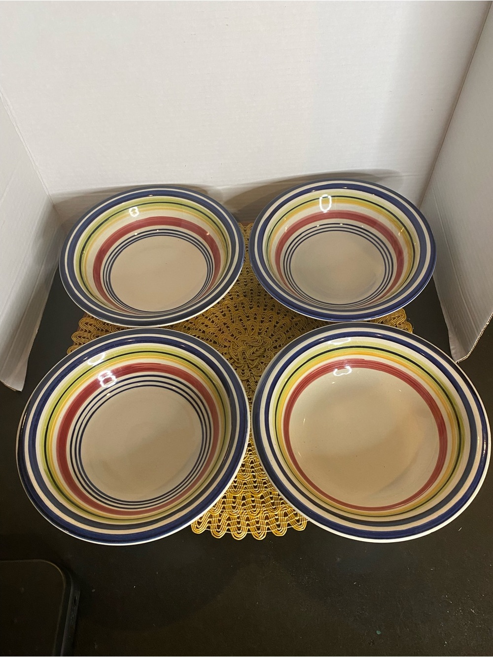 Pier 1 Striped Ceramic Dinner Bowls in Blue, Yellow, Red and Cream - Set of 4